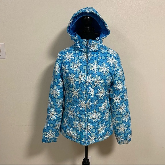 L.L. Bean Jacket Kids Size Larger (14-16) Blue snowflakes print attached Hood - Picture 1 of 15
